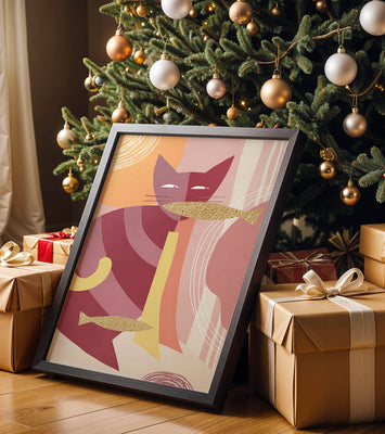 Abstract cat artwork with gold accents and colorful patterns
