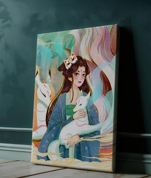 Œuvre de fantasy élégante mettant en scène une figure mystique accompagnée de renards et de couleurs vibrantes