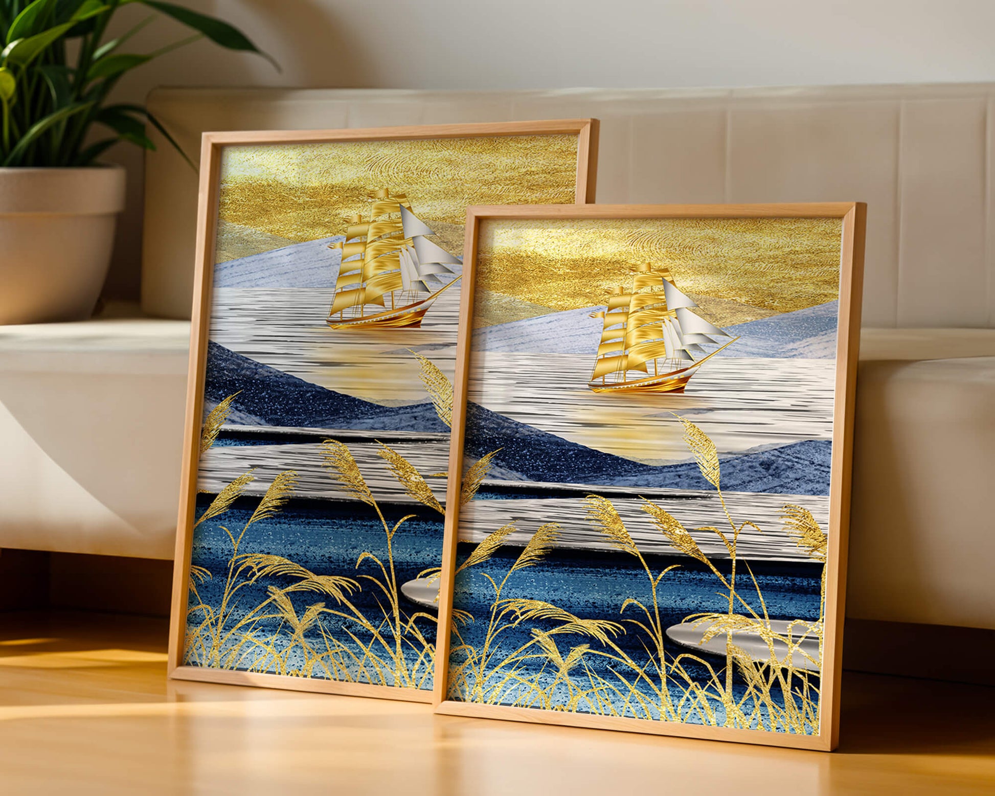 Golden Sailboat on Blue and Gold Landscape