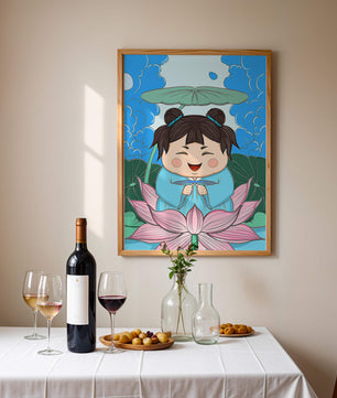 Whimsical illustration of a joyful child with lotus and umbrella