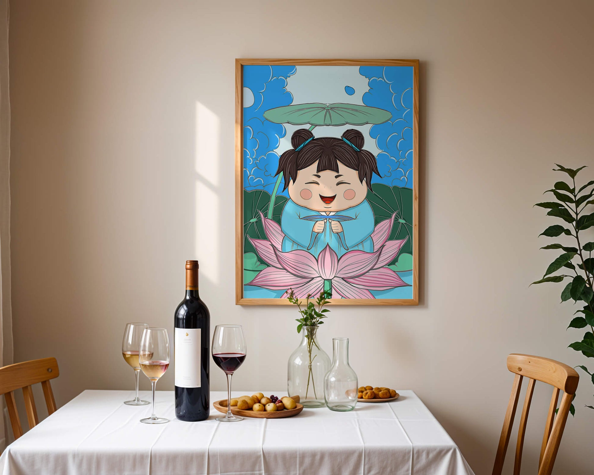 Whimsical illustration of a joyful child with lotus and umbrella