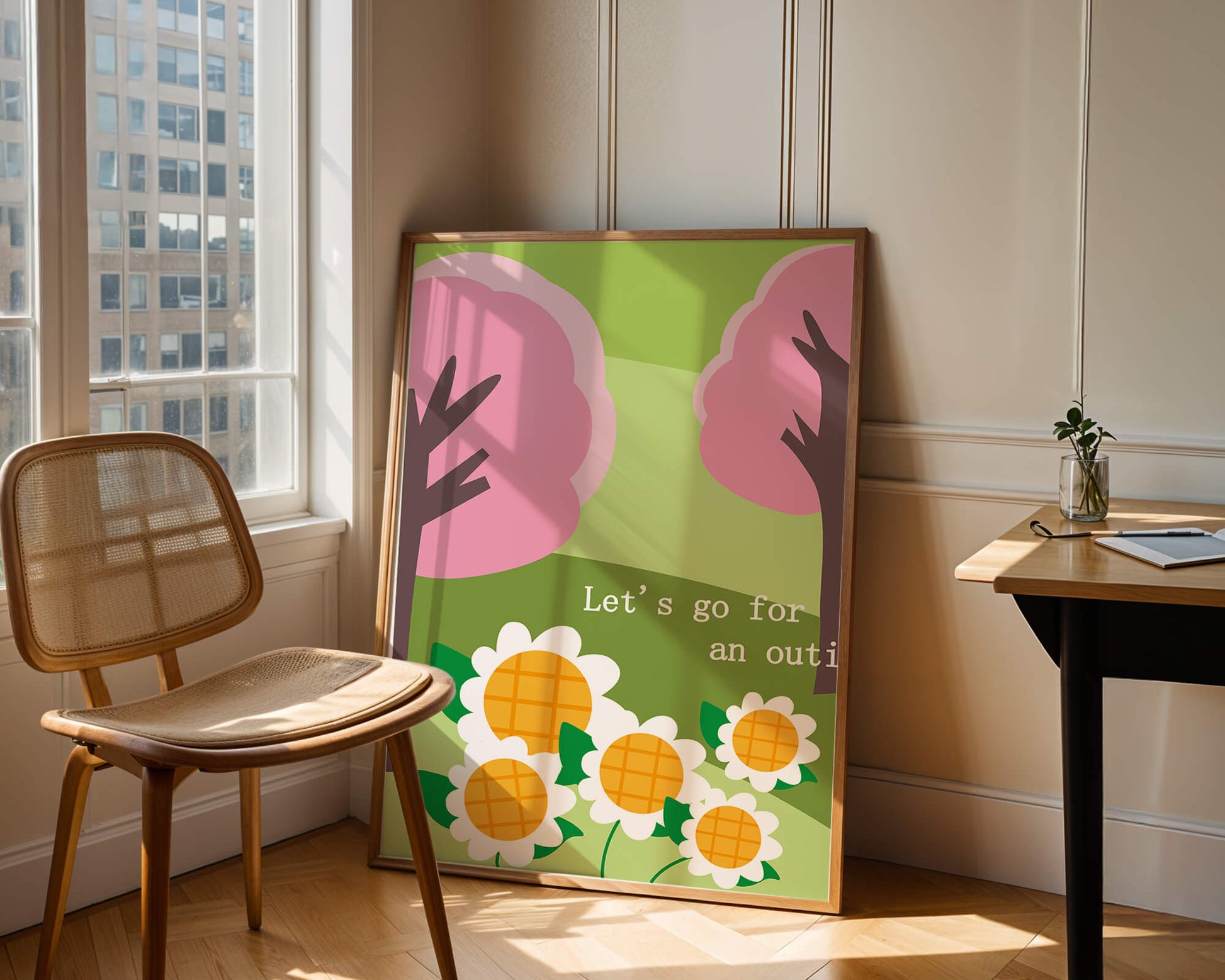 Charming spring landscape with pink trees and daisies