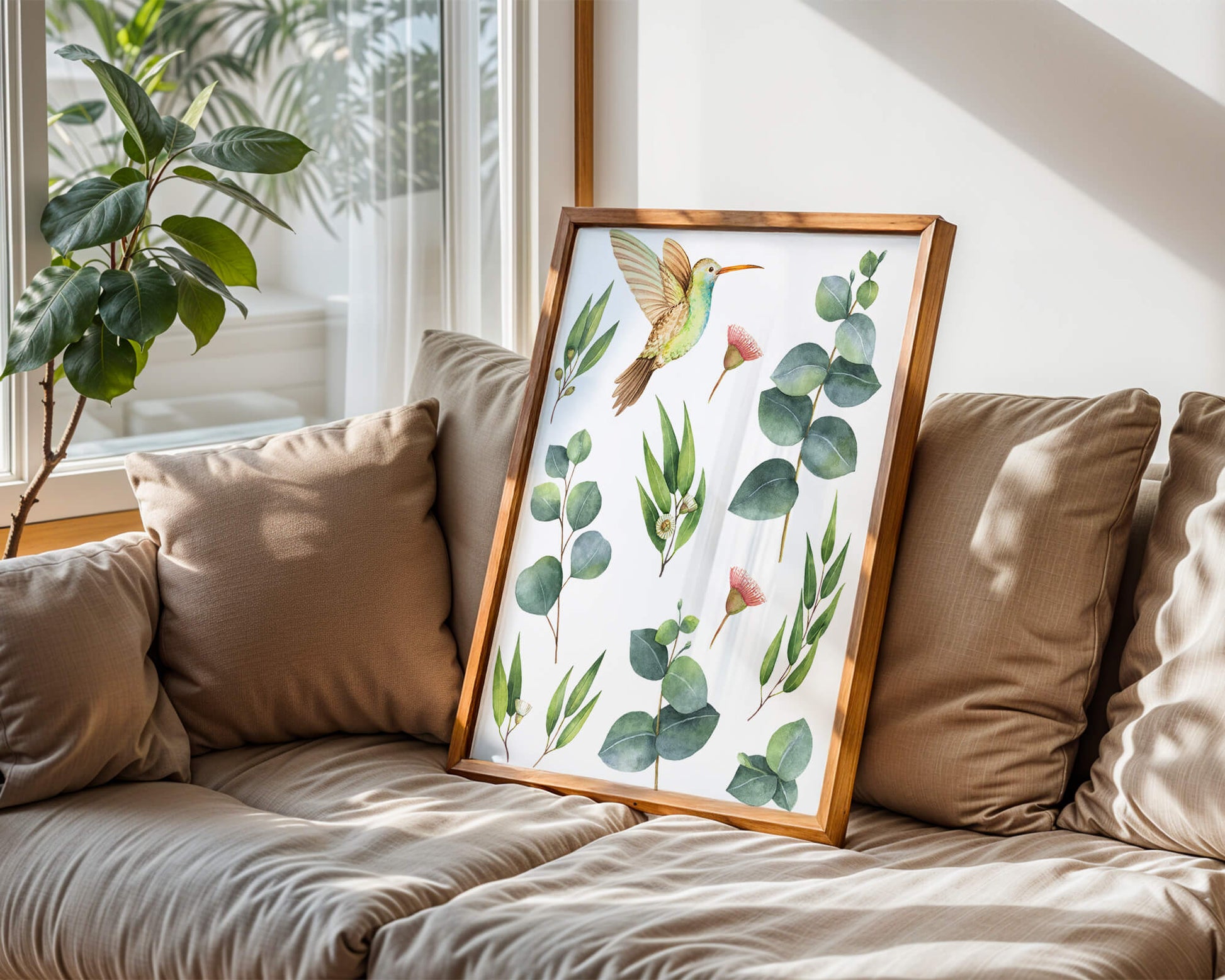 Watercolor hummingbird and eucalyptus leaves illustration