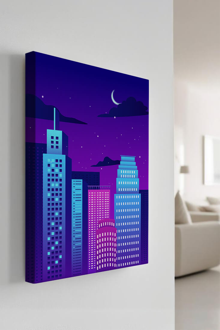 Vibrant city skyline at night with modern skyscrapers and starry sky