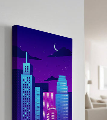 Vibrant city skyline at night with modern skyscrapers and starry sky