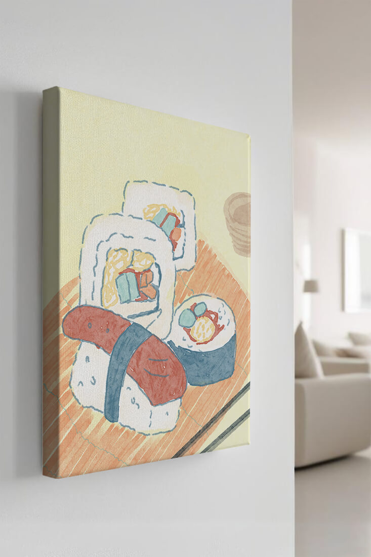 Illustration of assorted sushi on a wooden board