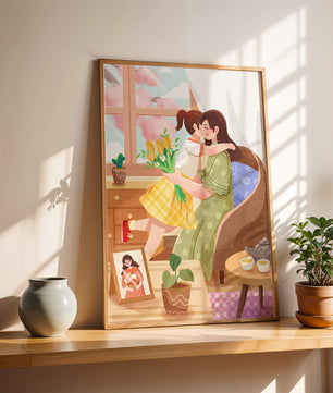 Escena acogedora en la sala de estar con madre e hija abrazándose cerca de la ventana
