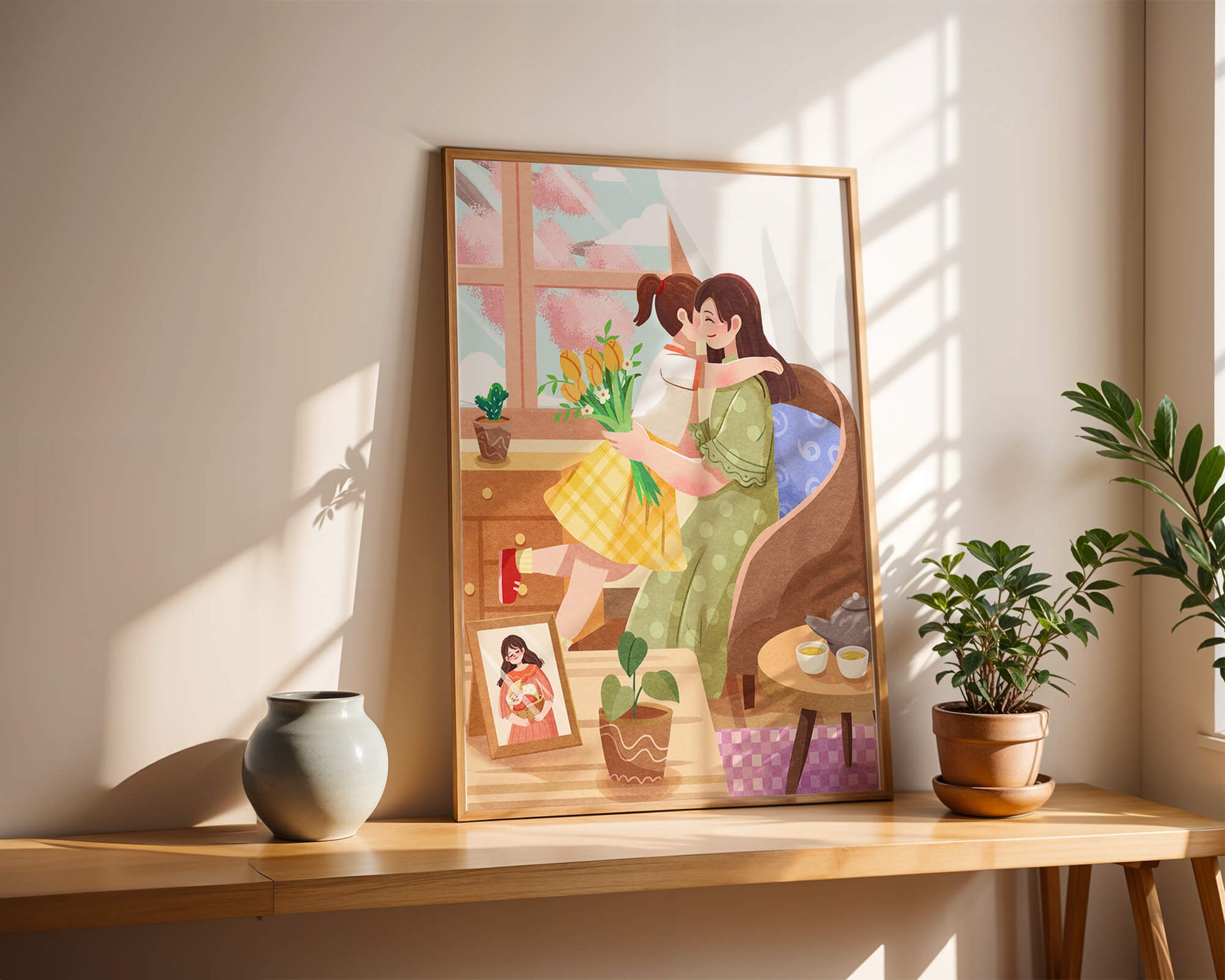 Cozy living room scene with mother and daughter hugging near window