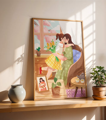 Cozy living room scene with mother and daughter hugging near window