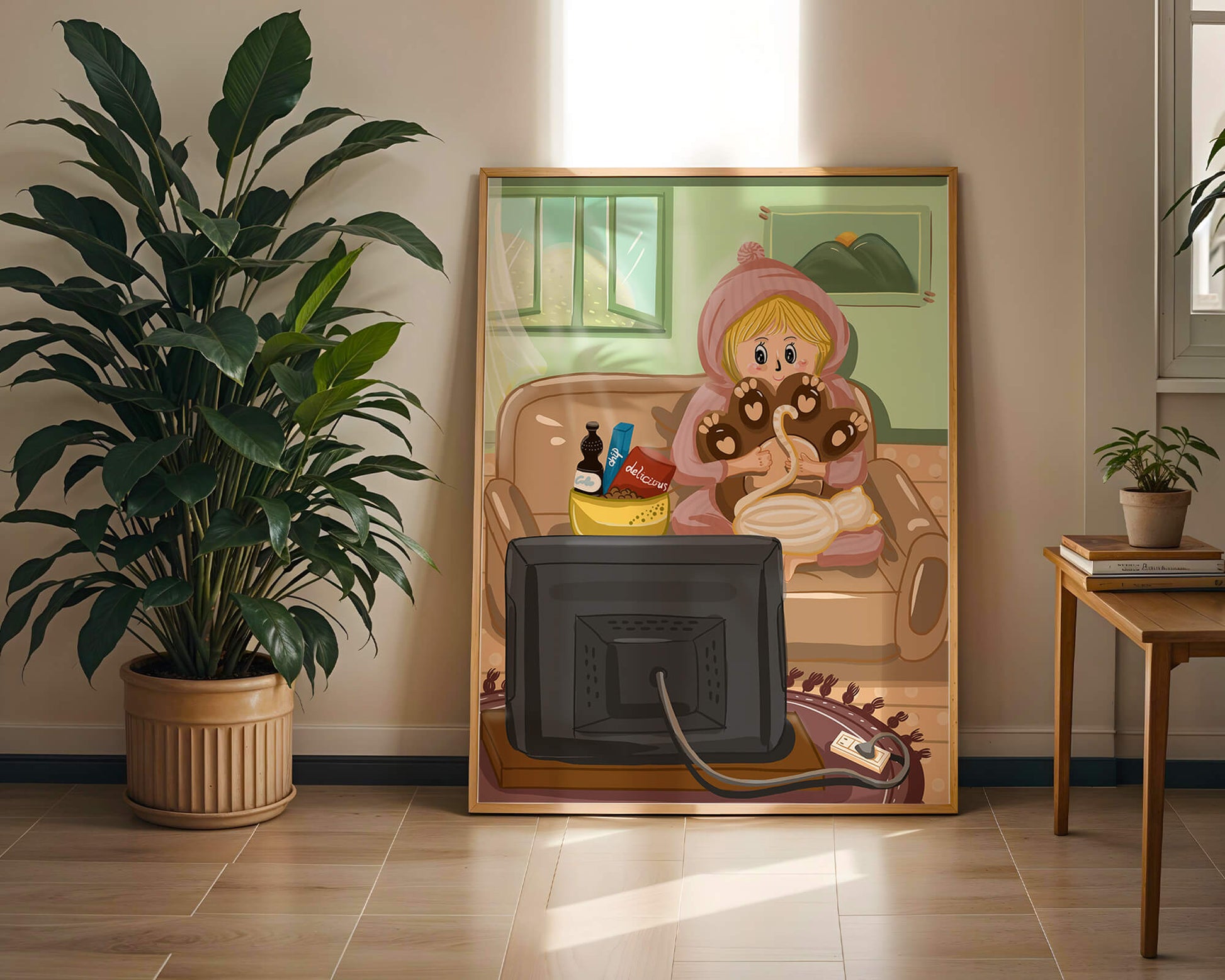 Cozy cartoon scene: person with cat and snacks on a sofa