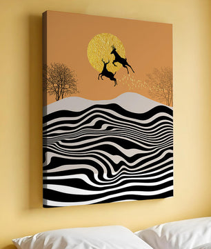 Abstract landscape with jumping deer and golden sun