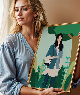 Illustrative portrait of a woman in a stylish outfit with nature backdrop