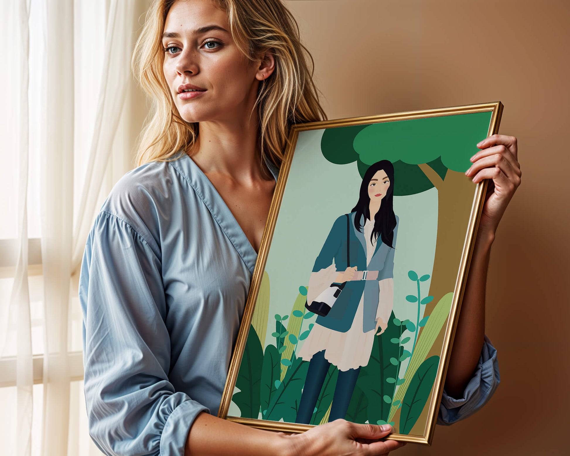 Illustrative portrait of a woman in a stylish outfit with nature backdrop