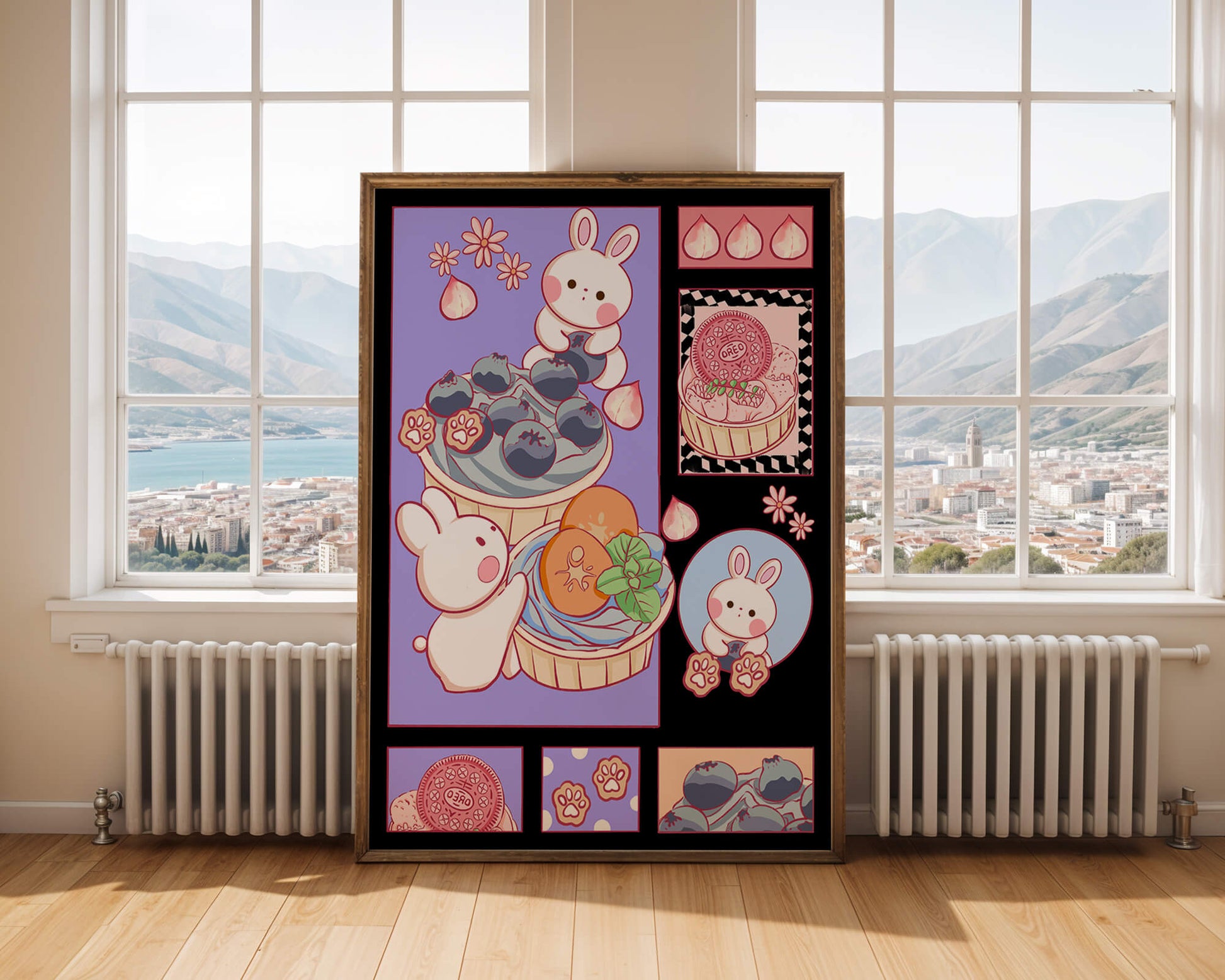 Conejos de dibujos animados encantadores con postres y arándanos