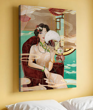 Œuvre d'art élégante d'inspiration asiatique vintage représentant une femme avec un éventail
