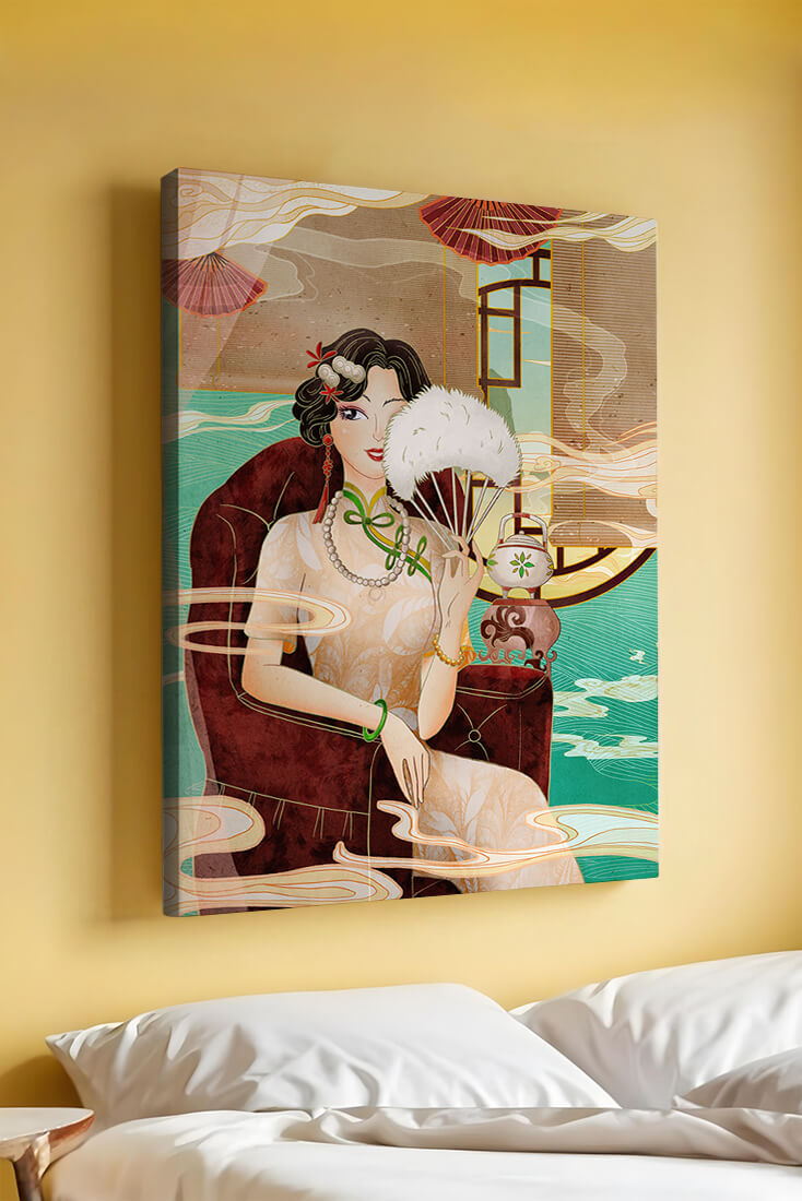 Elegant vintage Asian-inspired artwork featuring a woman with a fan