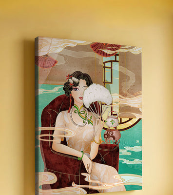 Elegant vintage Asian-inspired artwork featuring a woman with a fan
