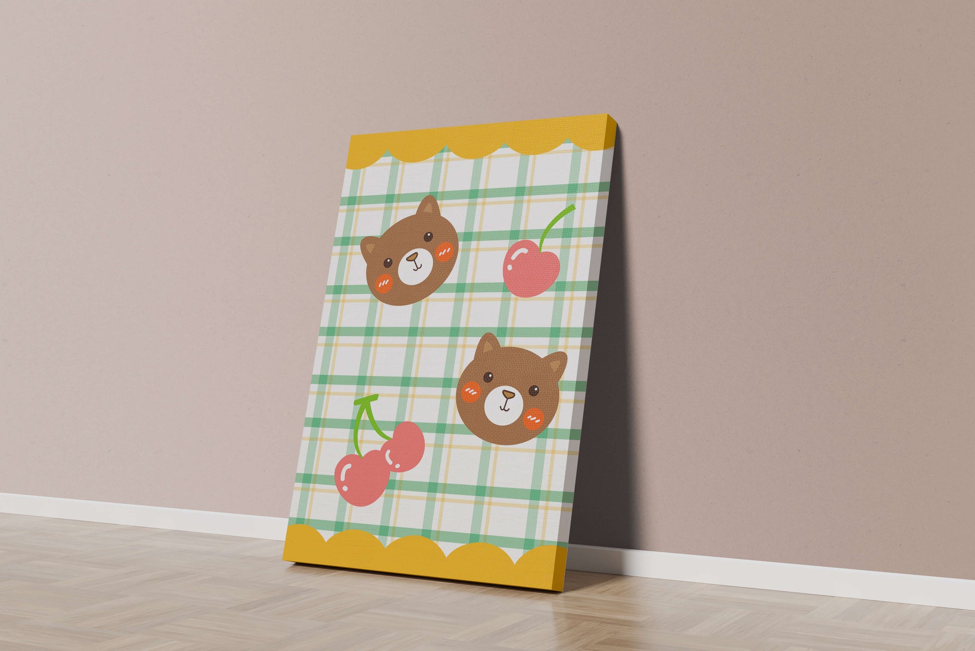 Playful bear and cherry pattern with plaid background