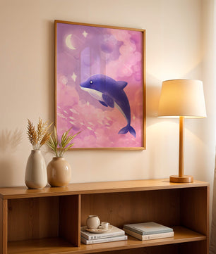 Dreamlike underwater scene with dolphin and moonlit sky