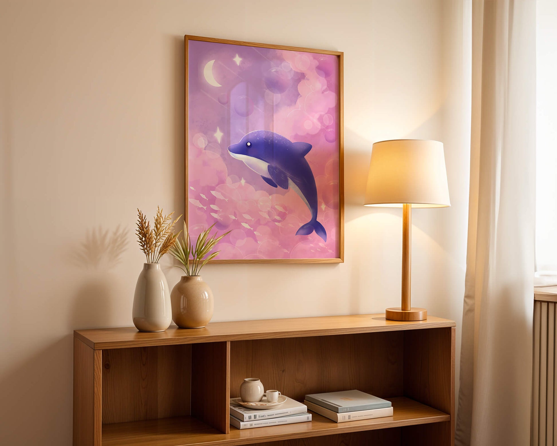 Dreamlike underwater scene with dolphin and moonlit sky