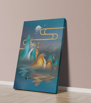 Abstract landscape with golden deer and layered mountains in serene night scene