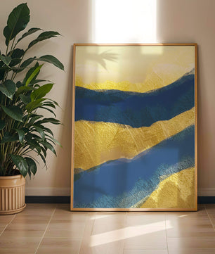 Paisaje abstracto con capas texturizadas en azul y amarillo