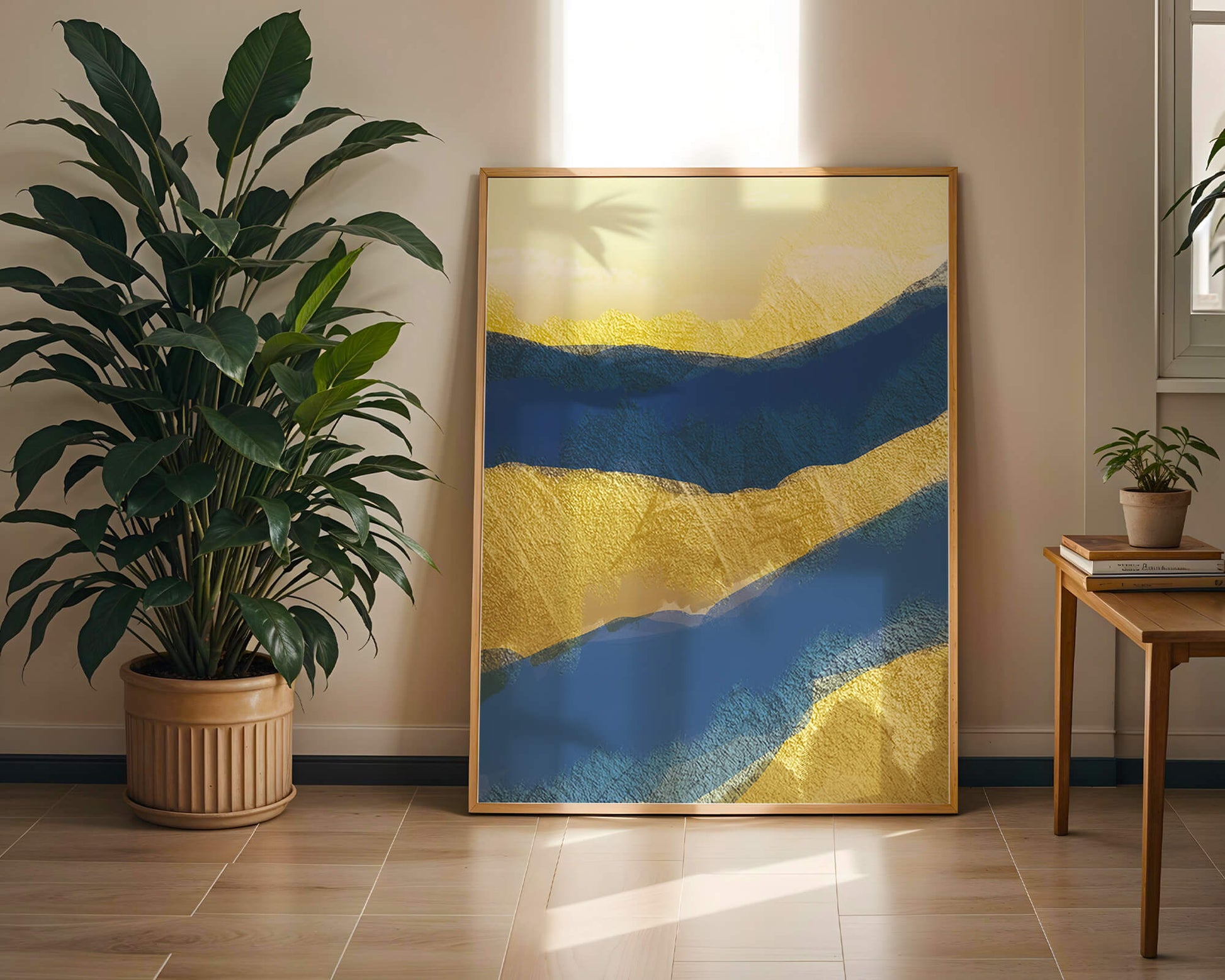 Abstract landscape with blue and yellow textured layers