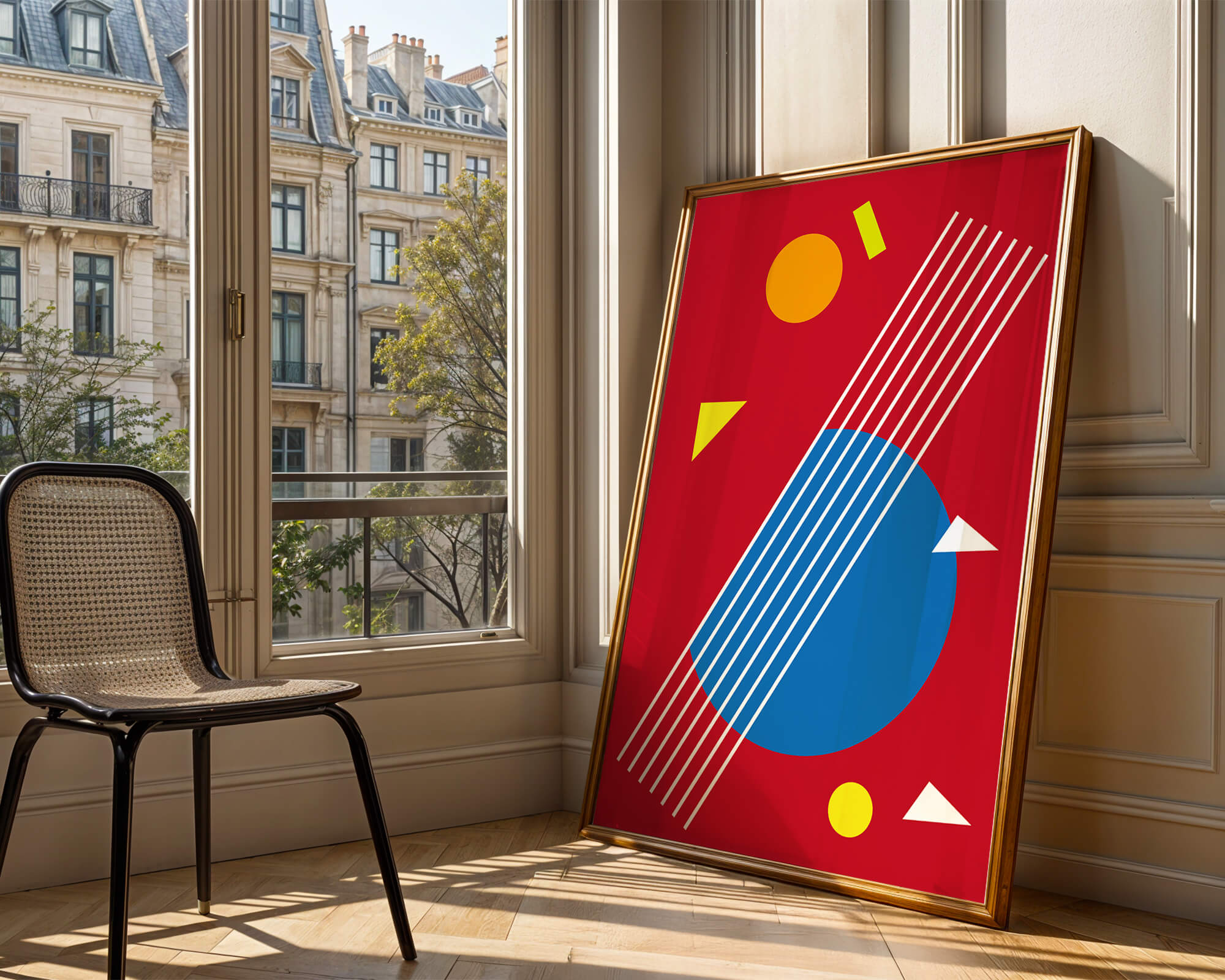 Abstract geometric shapes with bold colors and lines