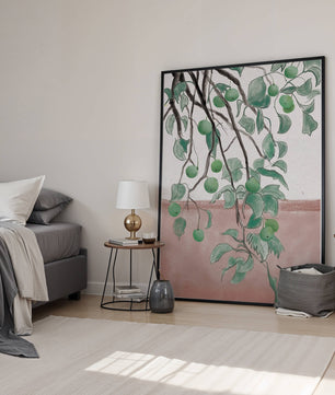 Branches With Green Apples And Leaves Over Pink Background