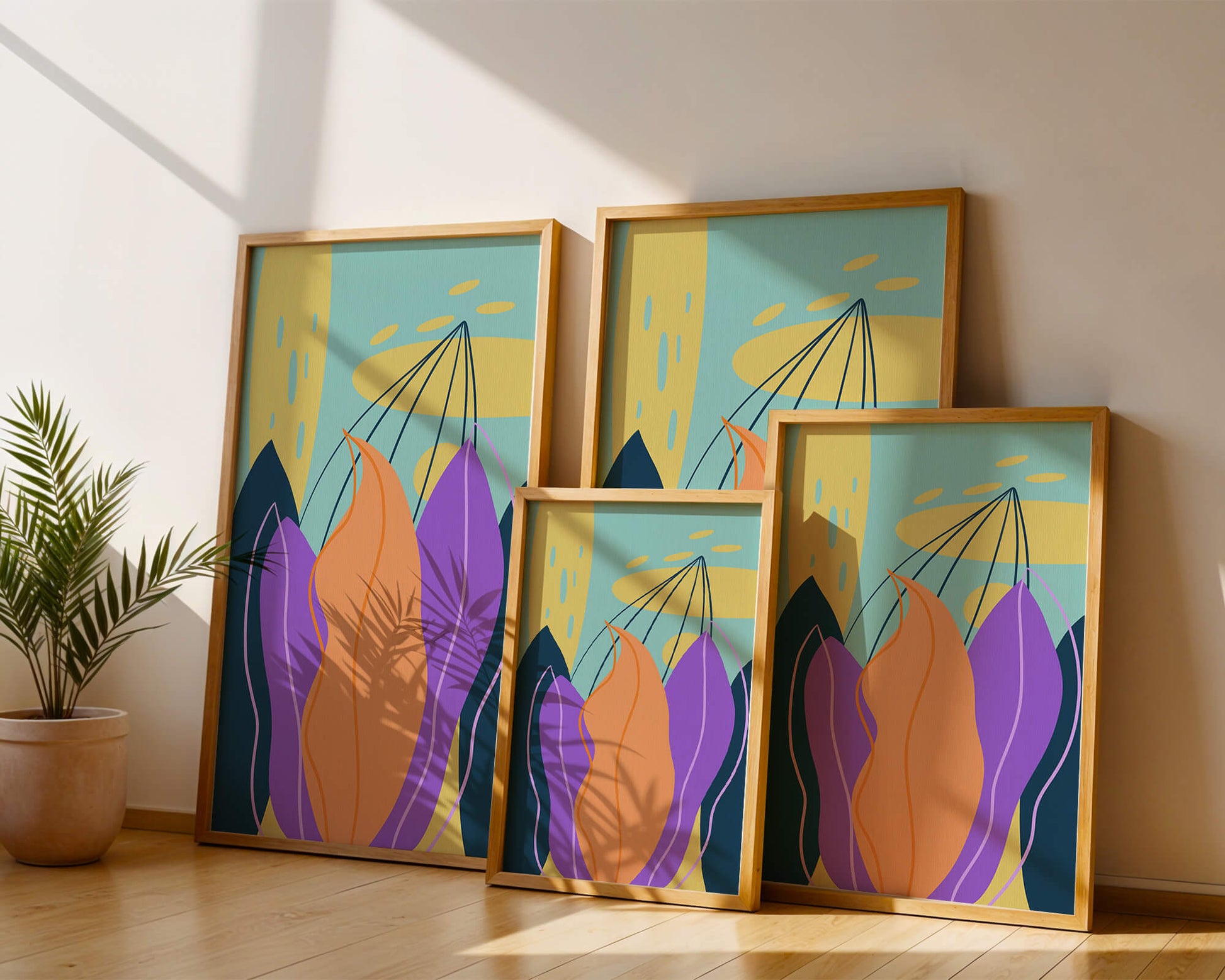 Abstract floral illustration with vibrant colors and geometric shapes