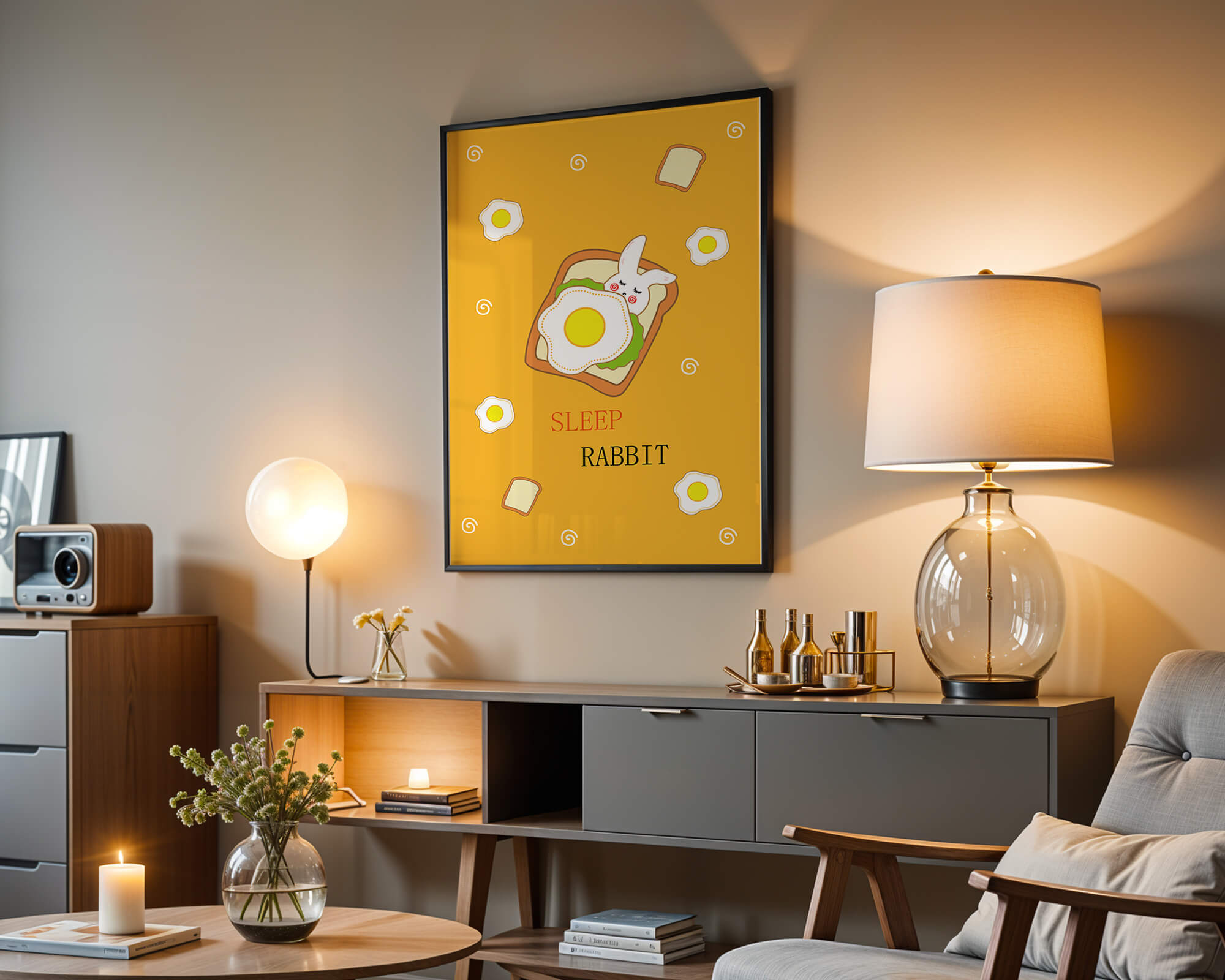 cute rabbit sleeping on toast with fried egg design