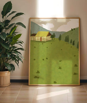 Charming countryside landscape with house and green hills