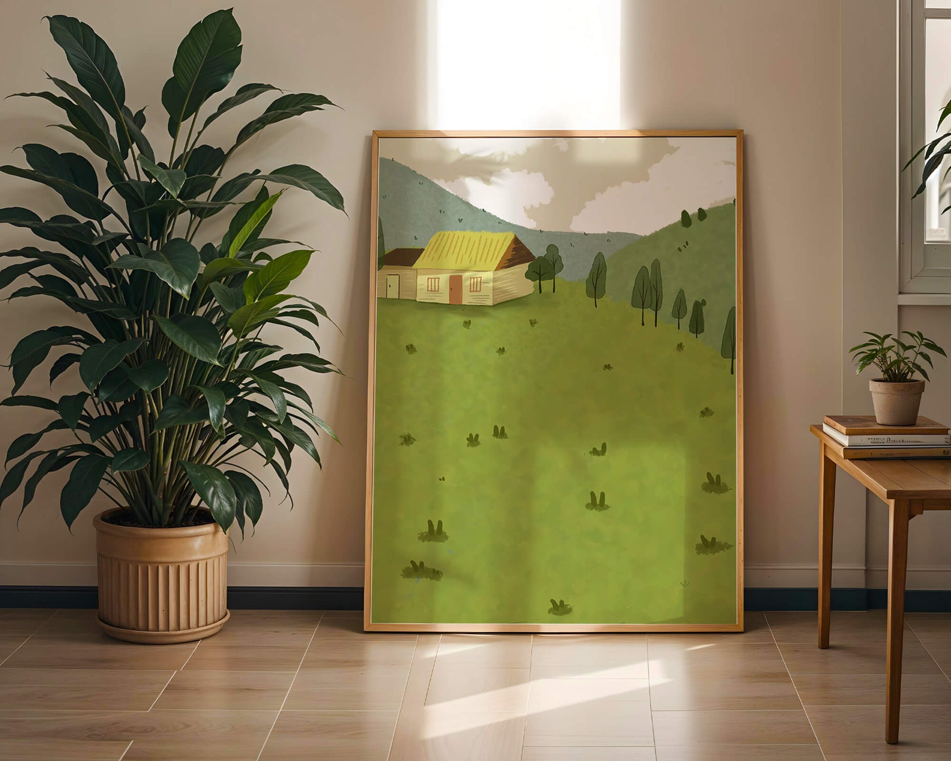 Charming countryside landscape with house and green hills