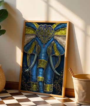 Blue and gold ornate elephant with intricate patterns