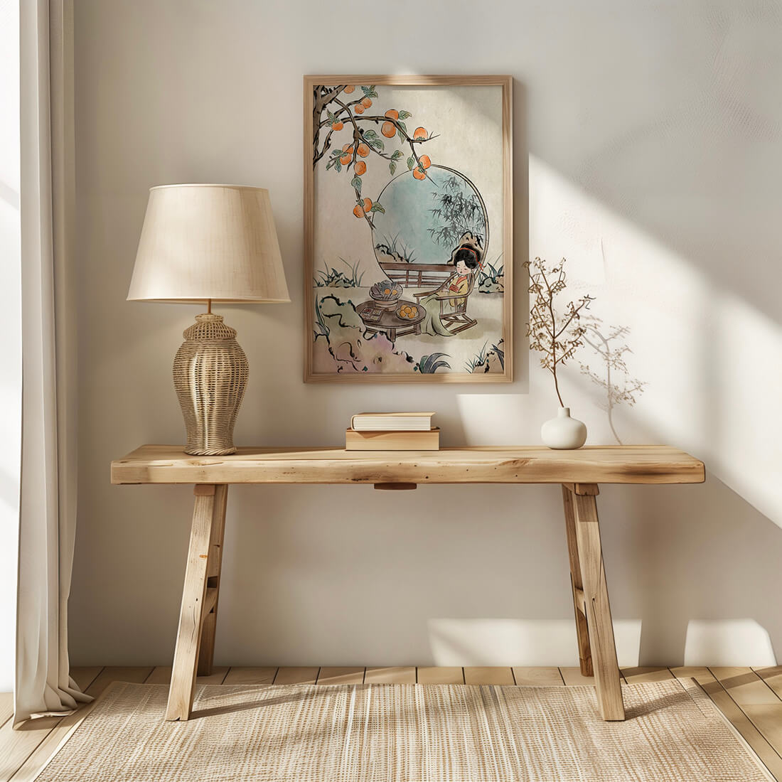 Tranquil garden scene with persimmons and serene figure