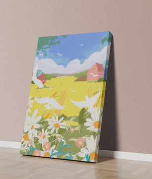 Summer Landscape with Birds and Flowers in a Pastoral Setting