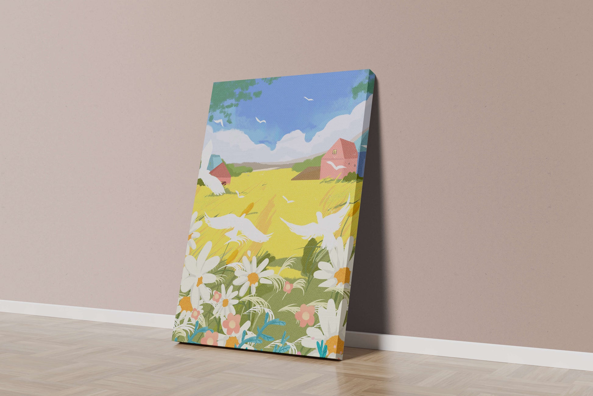 Summer Landscape with Birds and Flowers in a Pastoral Setting