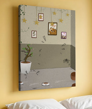 Habitación acogedora con decoraciones de estrellas y obra de arte de gatos