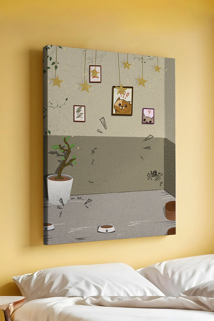 Cozy Room with Star Decorations and Cat Artwork