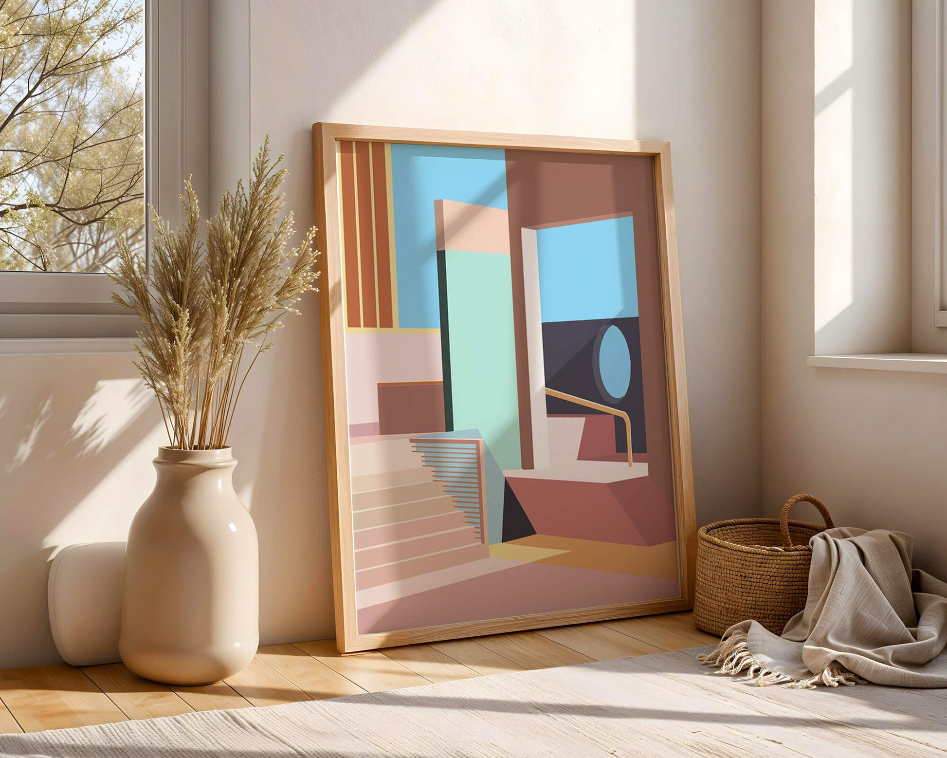 Diseño arquitectónico moderno con elementos geométricos pastel