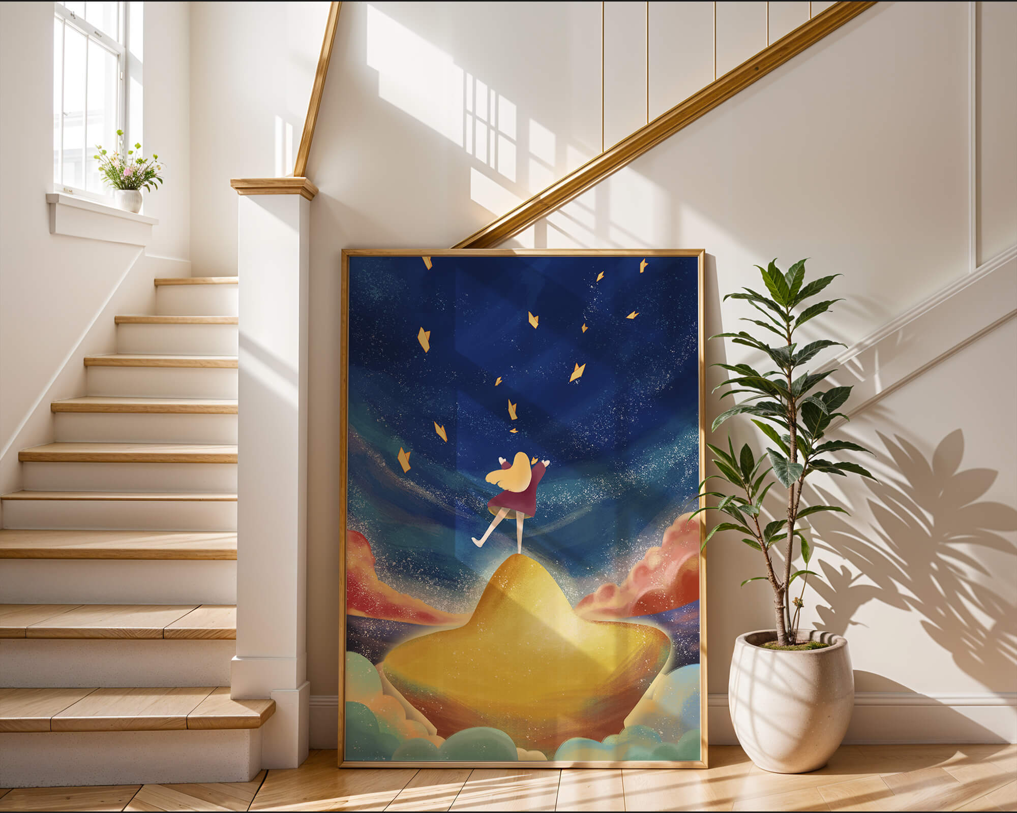 Girl standing on a golden hill reaching for stars in a dreamy night sky