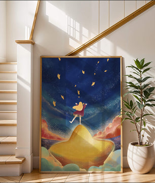Girl standing on a golden hill reaching for stars in a dreamy night sky