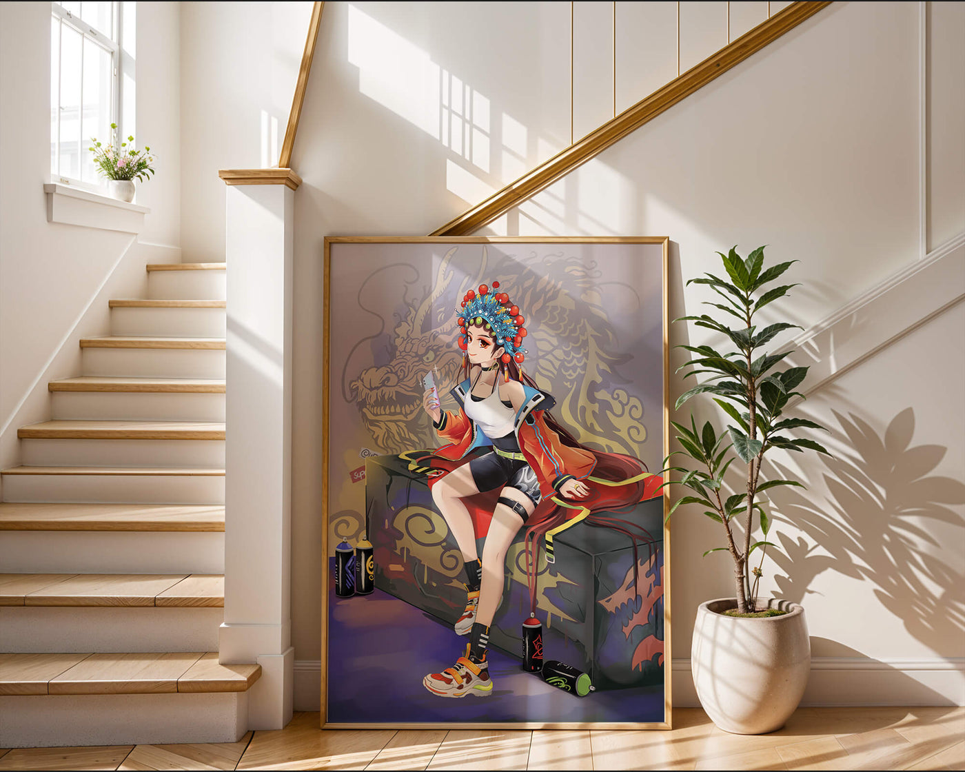 Anime art of a girl in traditional attire with urban elements