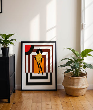 Ilustración de moda con figura en dorado y fondo geométrico