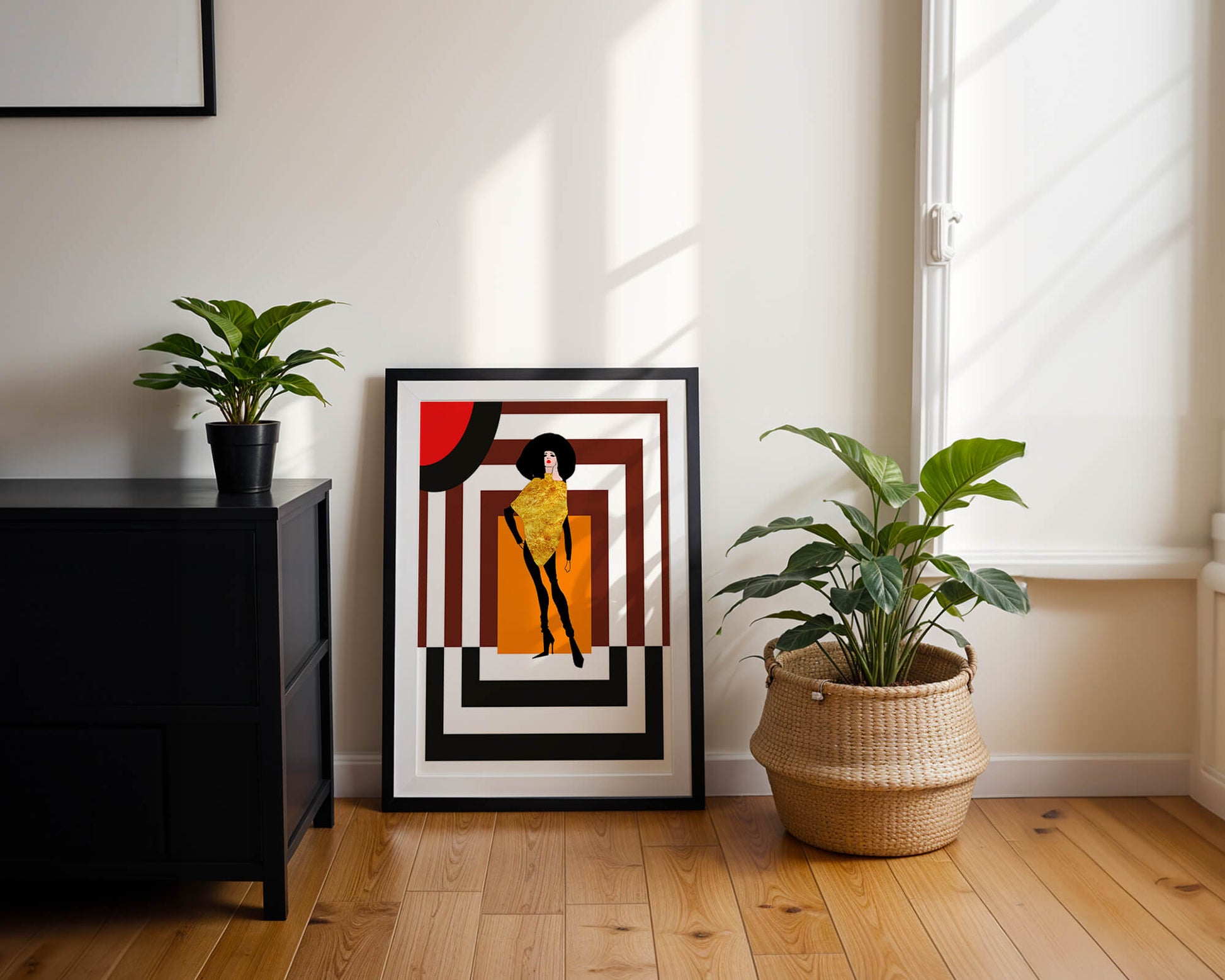 Fashion Illustration with Figure in Gold and Geometric Background