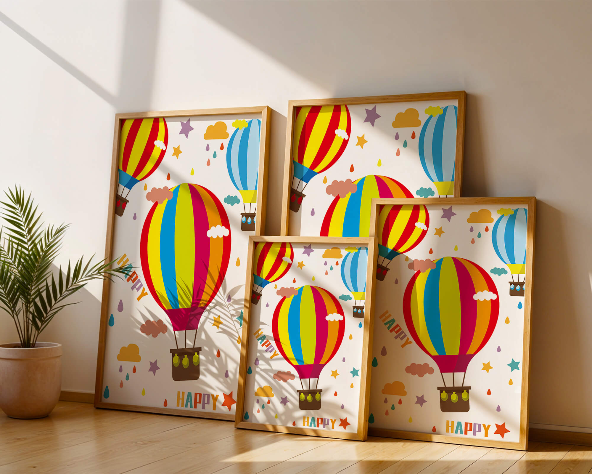 Colorful hot air balloons and happy clouds illustration