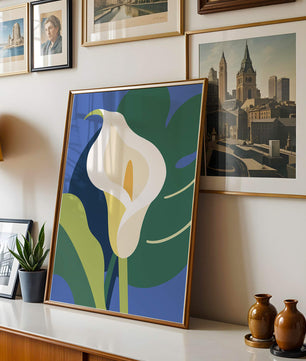 Ilustración floral abstracta con fondo verde y azul