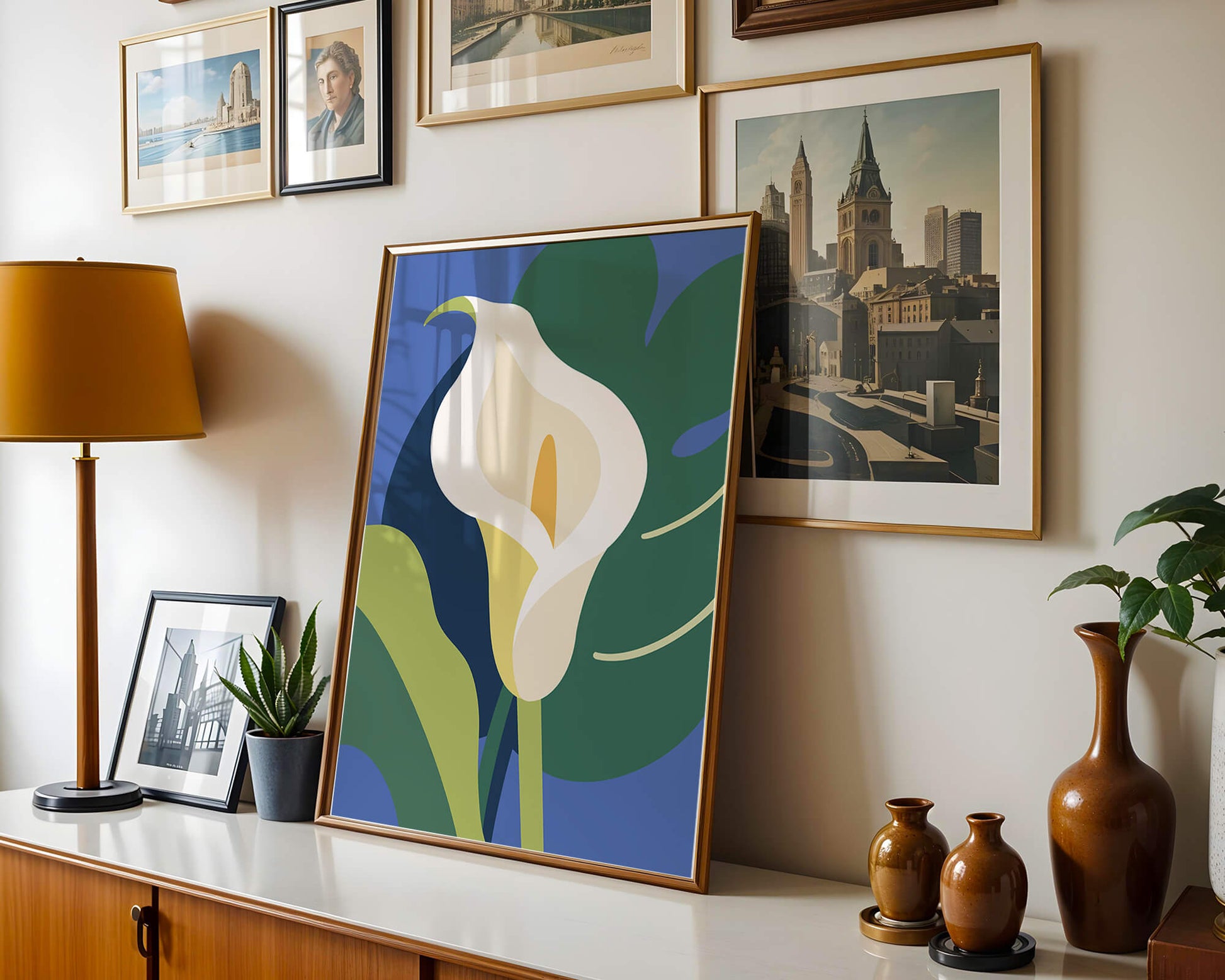 Ilustración floral abstracta con fondo verde y azul