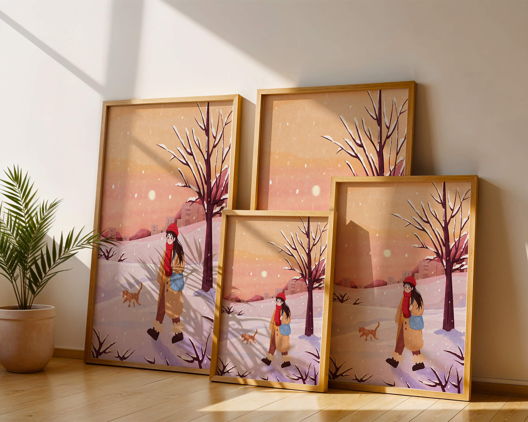 Winter sunset walk with a girl and dog in snowy landscape