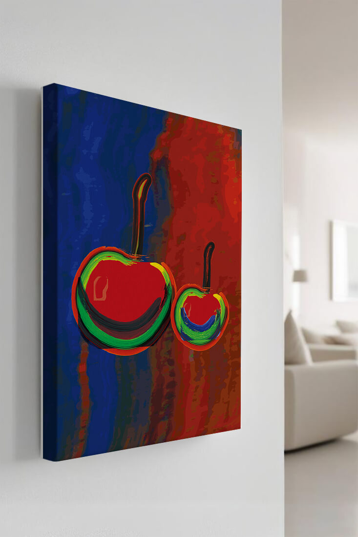 Pintura abstracta de cerezas con colores vibrantes.